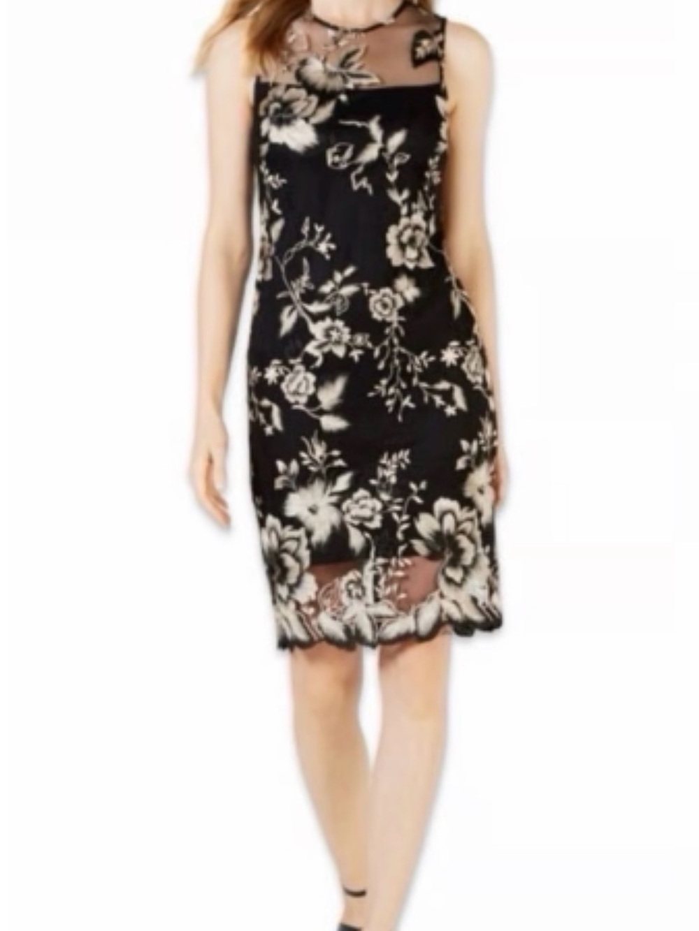 Calvin Klein Black Sheath Dress with Gold Floral Embroidery